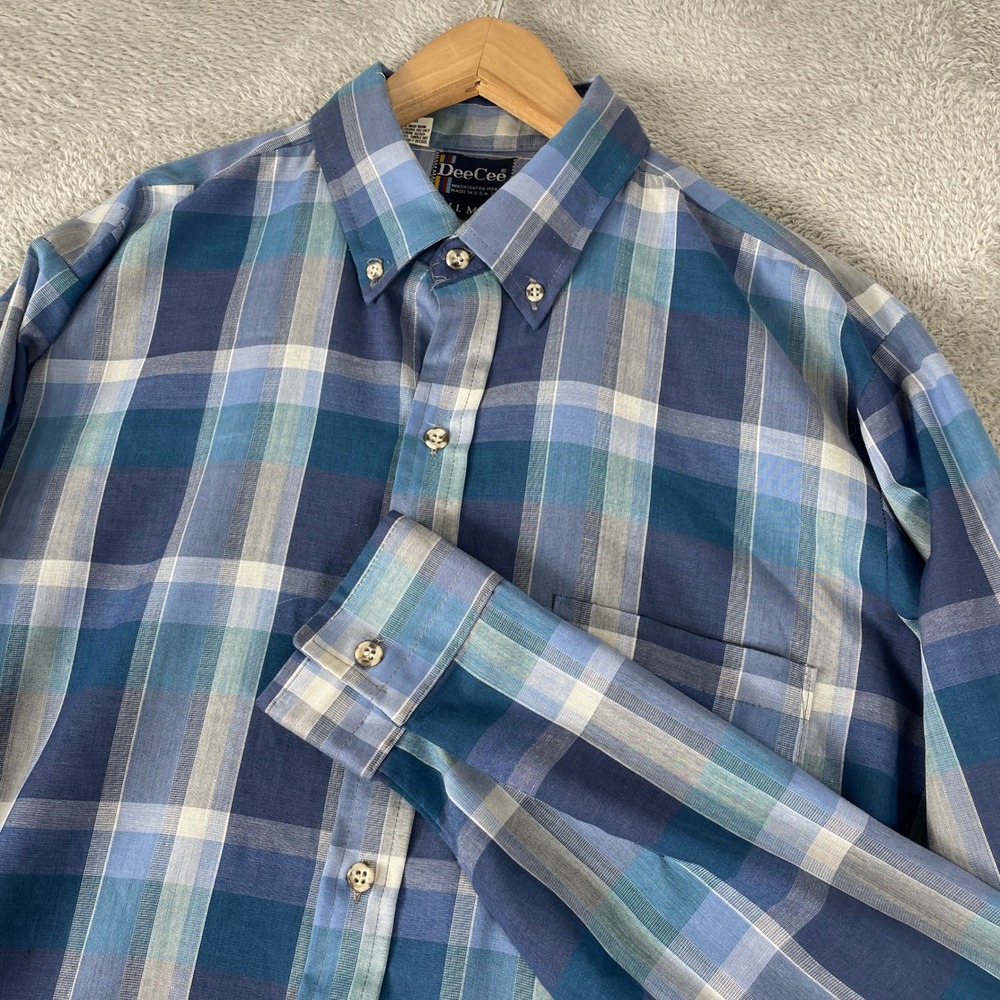 Vintage Dee Cee Plaid Shirt Mens Large Tall Blue Made USA Western Workwear